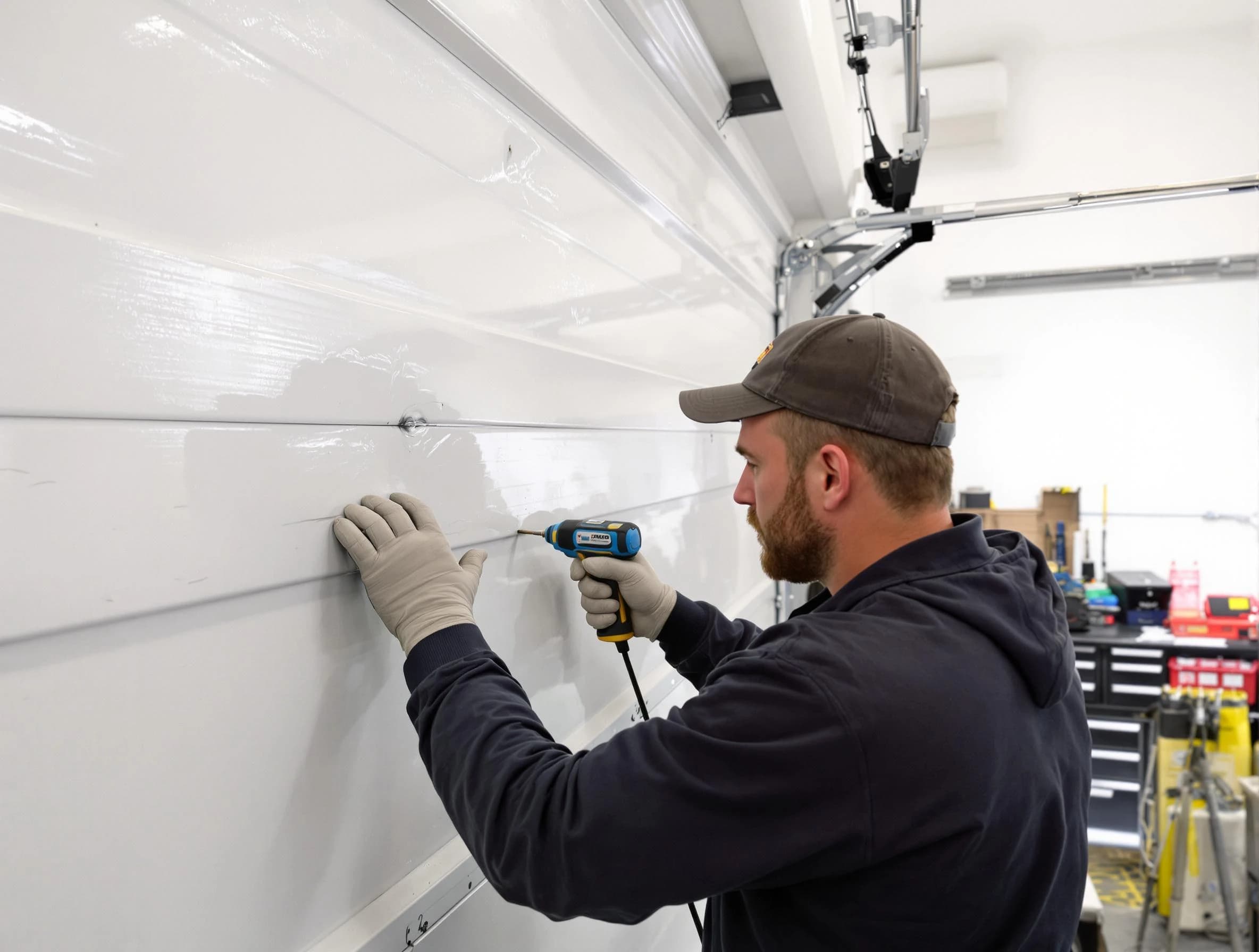 Mechanicsville Garage Door Repair technician demonstrating precision dent removal techniques on a Mechanicsville garage door
