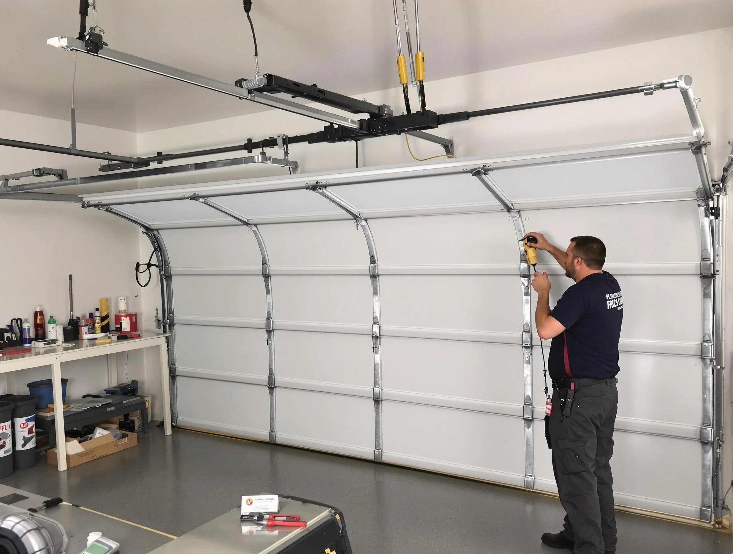 Mechanicsville Garage Door Repair certified technician performing overhead door system repair in Mechanicsville